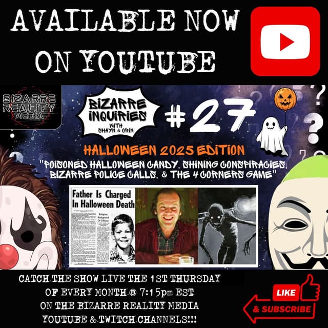 Bizarre Inquiries #27 Halloween 2025 Edition "Poisoned Halloween Candy, Shining Conspiracies, Bizarre Police Calls, & The 4 Corners Game"
