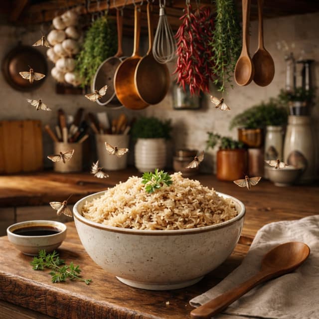 Cooked Brown Rice Infested With Pantry Moths